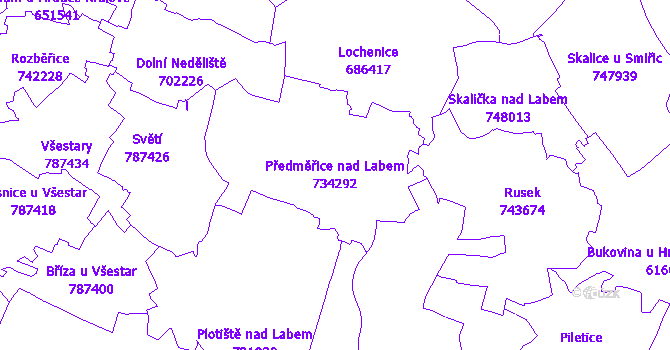 Katastrální mapa Předměřice nad Labem - přehledová mapa katastrálního území