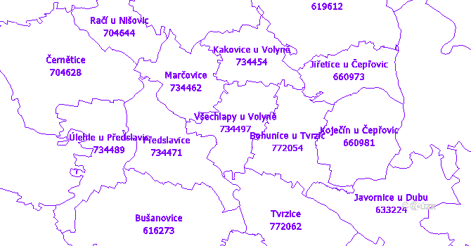 Katastrální mapa Všechlapy u Volyně - přehledová mapa katastrálního území