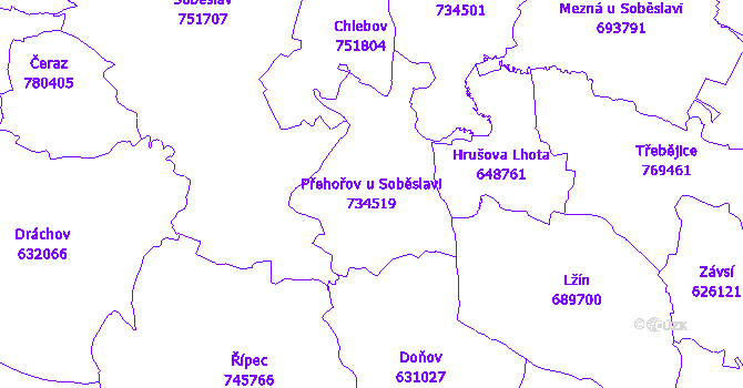 Katastrální mapa Přehořov u Soběslavi - přehledová mapa katastrálního území
