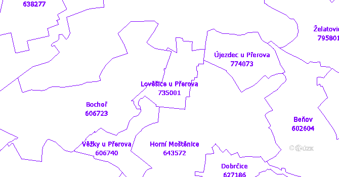 Katastrální mapa Lověšice u Přerova - přehledová mapa katastrálního území