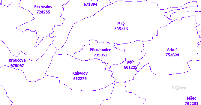 Katastrální mapa Přerubenice - přehledová mapa katastrálního území