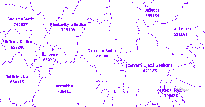 Katastrální mapa Dvorce u Sedlce - přehledová mapa katastrálního území