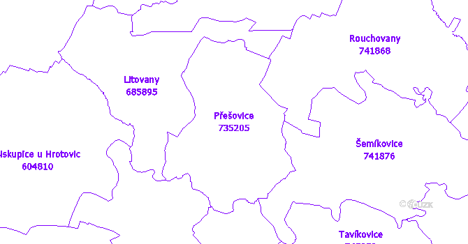 Katastrální mapa Přešovice - přehledová mapa katastrálního území