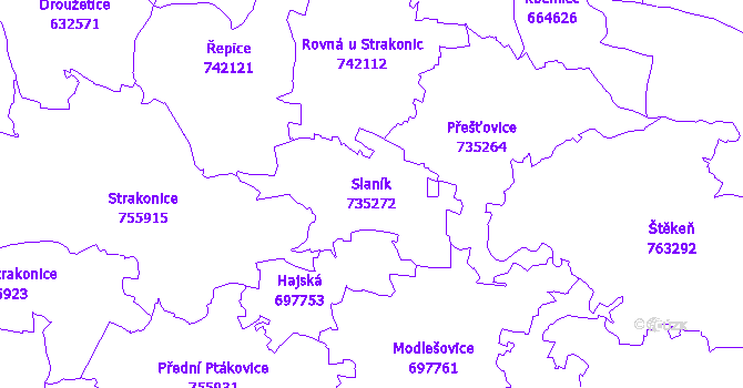 Katastrální mapa Slaník - přehledová mapa katastrálního území