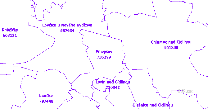 Katastrální mapa Převýšov - přehledová mapa katastrálního území