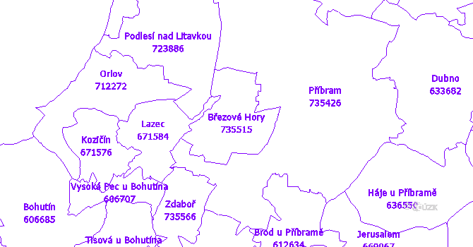 Katastrální mapa Březové Hory - přehledová mapa katastrálního území