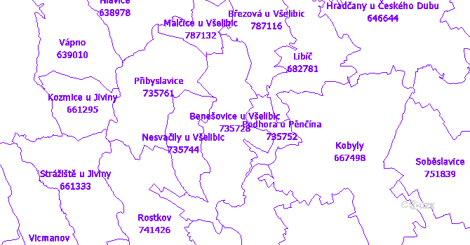 Katastrální mapa Benešovice u Všelibic - přehledová mapa katastrálního území
