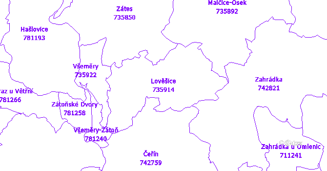 Katastrální mapa Lověšice - přehledová mapa katastrálního území