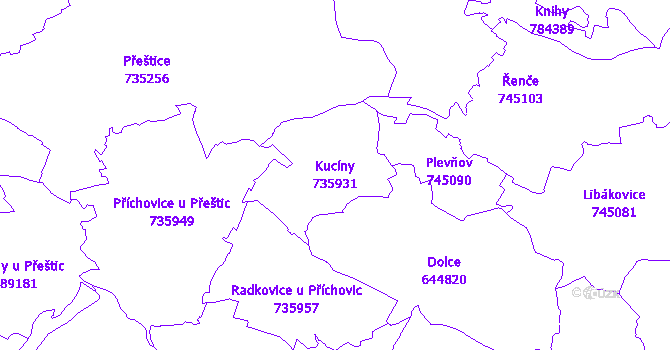 Katastrální mapa Kucíny - přehledová mapa katastrálního území