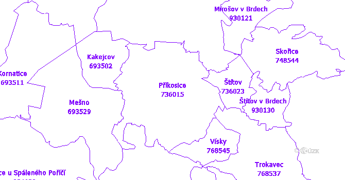 Katastrální mapa Příkosice - přehledová mapa katastrálního území