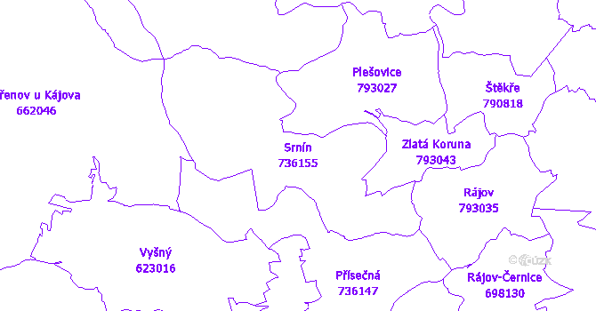 Katastrální mapa Srnín - přehledová mapa katastrálního území