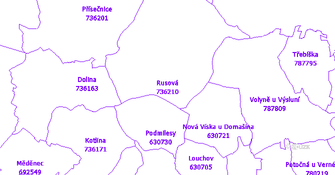 Katastrální mapa Rusová - přehledová mapa katastrálního území