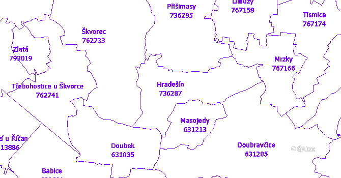 Katastrální mapa Hradešín - přehledová mapa katastrálního území