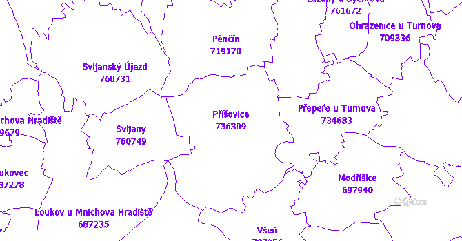 Katastrální mapa Příšovice - přehledová mapa katastrálního území