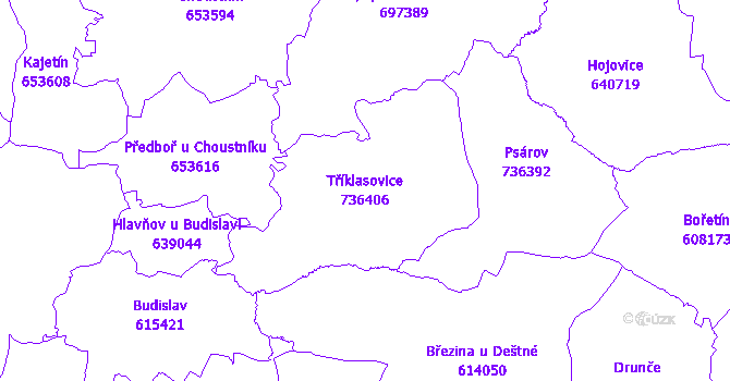Katastrální mapa Tříklasovice - přehledová mapa katastrálního území