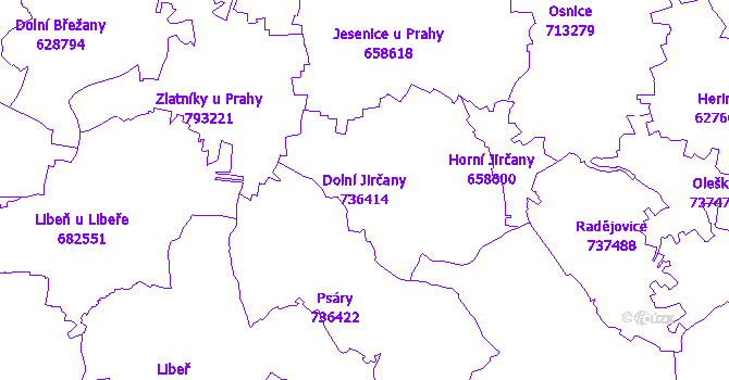 Katastrální mapa Dolní Jirčany - přehledová mapa katastrálního území