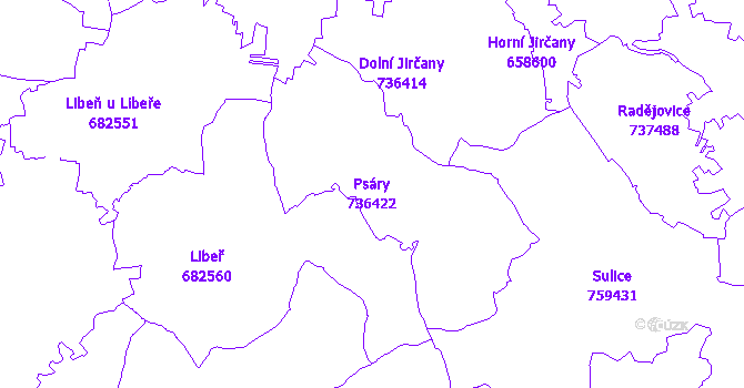 Katastrální mapa Psáry - přehledová mapa katastrálního území