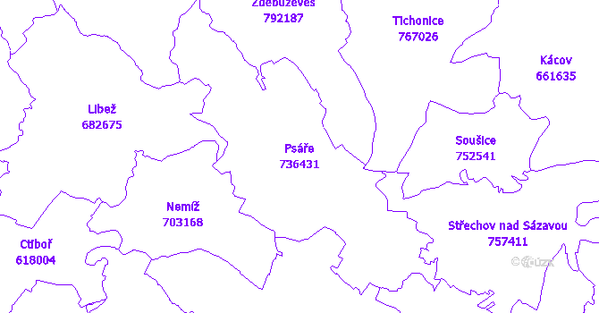 Katastrální mapa Psáře - přehledová mapa katastrálního území