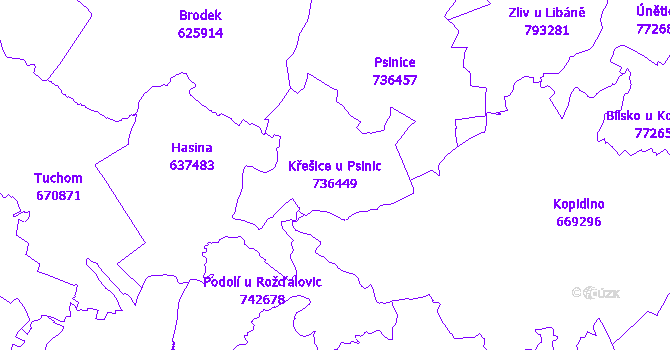 Katastrální mapa Křešice u Psinic - přehledová mapa katastrálního území