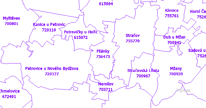 Katastrální mapa Pšánky - přehledová mapa katastrálního území