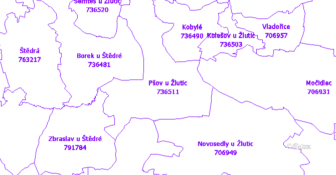 Katastrální mapa Pšov u Žlutic - přehledová mapa katastrálního území