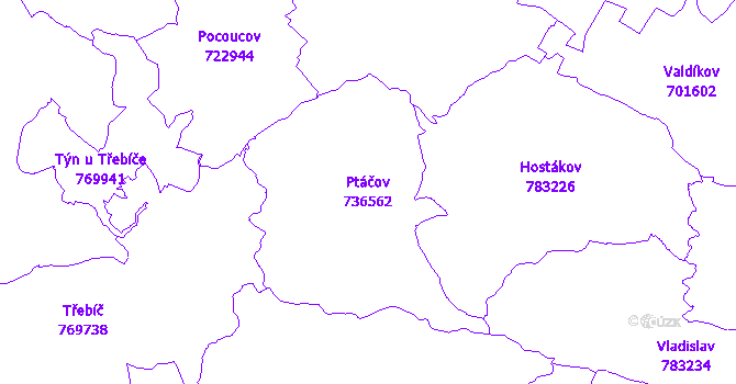 Katastrální mapa Ptáčov - přehledová mapa katastrálního území