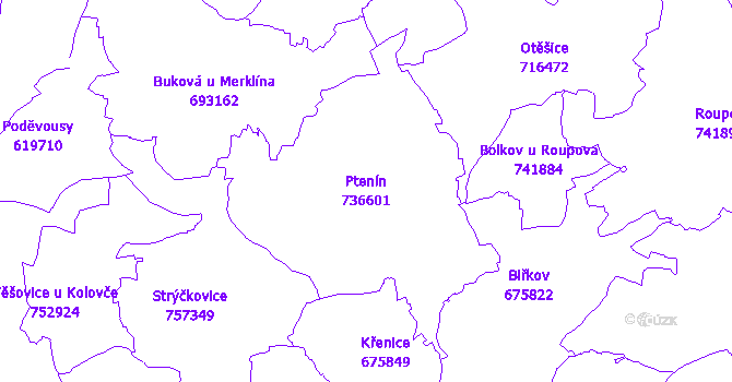 Katastrální mapa Ptenín - přehledová mapa katastrálního území