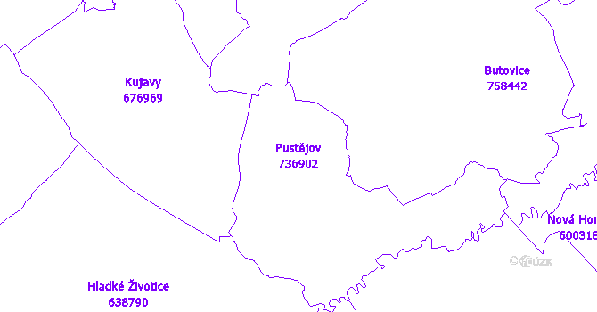 Katastrální mapa Pustějov - přehledová mapa katastrálního území