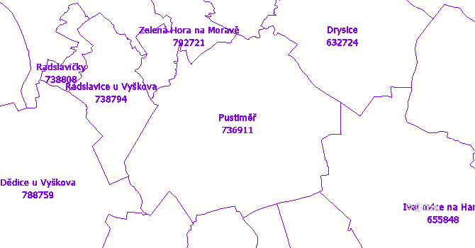 Katastrální mapa Pustiměř - přehledová mapa katastrálního území