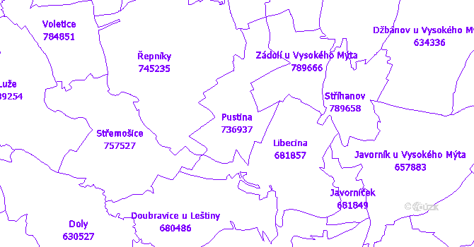 Katastrální mapa Pustina - přehledová mapa katastrálního území