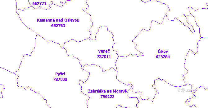 Katastrální mapa Vaneč - přehledová mapa katastrálního území