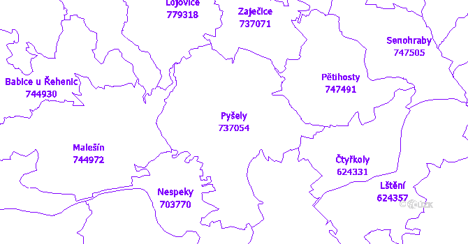 Katastrální mapa Pyšely - přehledová mapa katastrálního území