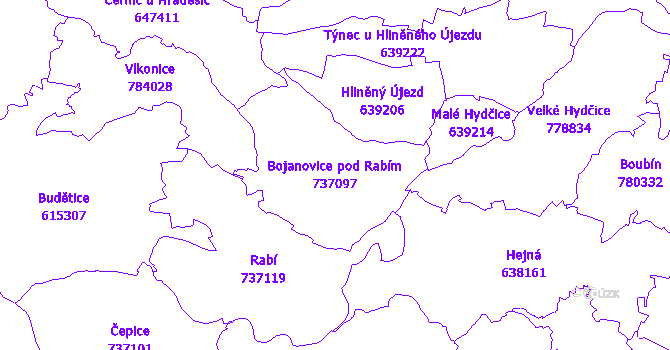 Katastrální mapa Bojanovice pod Rabím - přehledová mapa katastrálního území