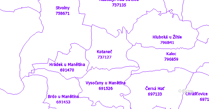 Katastrální mapa Kotaneč - přehledová mapa katastrálního území