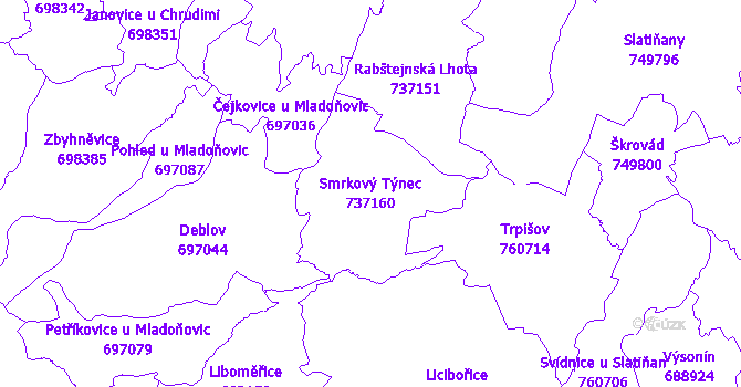 Katastrální mapa Smrkový Týnec - přehledová mapa katastrálního území