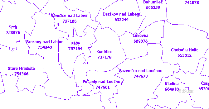 Katastrální mapa Kunětice - přehledová mapa katastrálního území