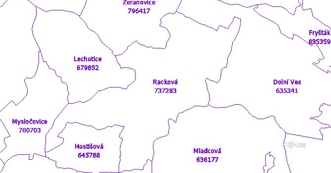 Katastrální mapa Racková - přehledová mapa katastrálního území