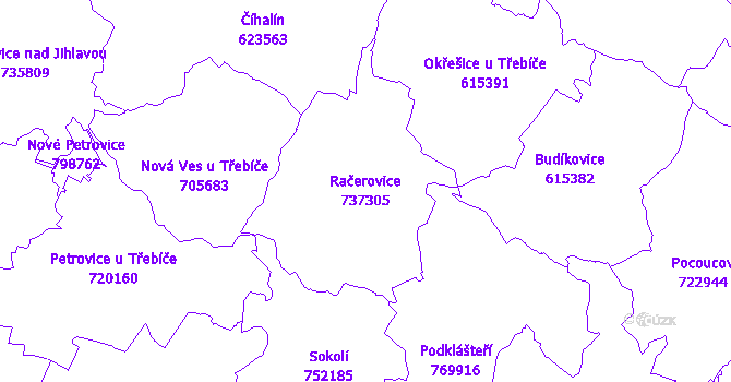 Katastrální mapa Račerovice - přehledová mapa katastrálního území