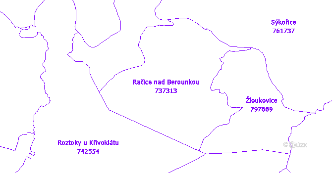 Katastrální mapa Račice nad Berounkou - přehledová mapa katastrálního území