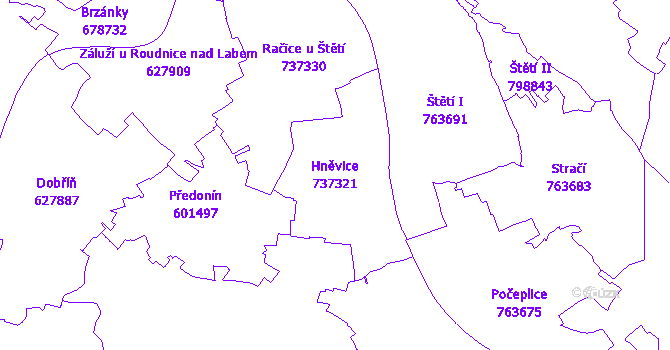 Katastrální mapa Hněvice - přehledová mapa katastrálního území