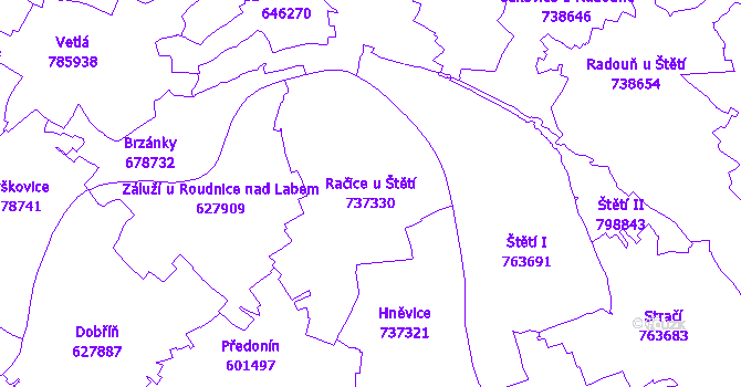 Katastrální mapa Račice u Štětí - přehledová mapa katastrálního území