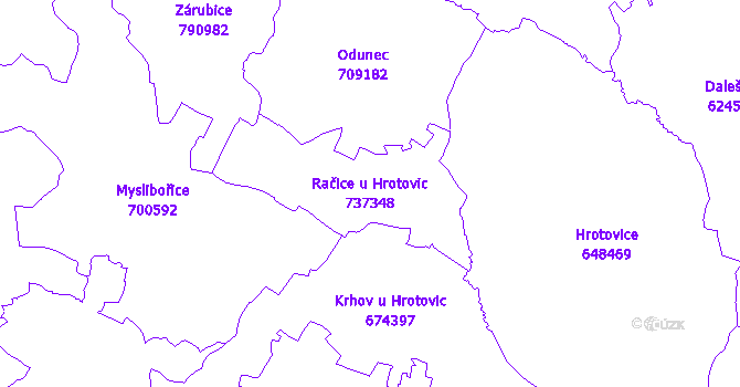 Katastrální mapa Račice u Hrotovic - přehledová mapa katastrálního území