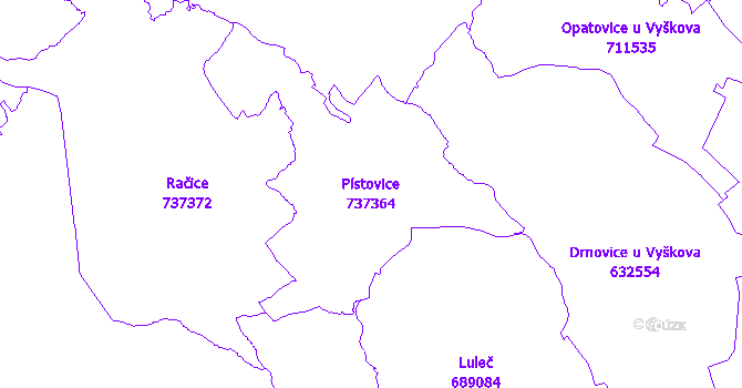 Katastrální mapa Pístovice - přehledová mapa katastrálního území