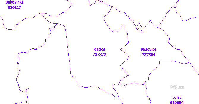Katastrální mapa Račice - přehledová mapa katastrálního území