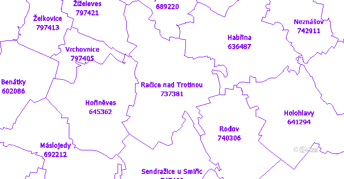 Katastrální mapa Račice nad Trotinou - přehledová mapa katastrálního území