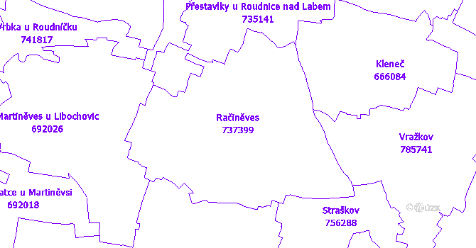 Katastrální mapa Račiněves - přehledová mapa katastrálního území