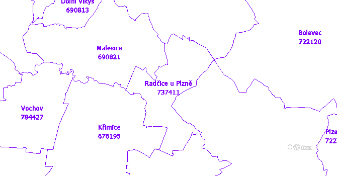 Katastrální mapa Radčice u Plzně - přehledová mapa katastrálního území