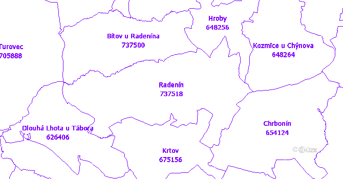 Katastrální mapa Radenín - přehledová mapa katastrálního území