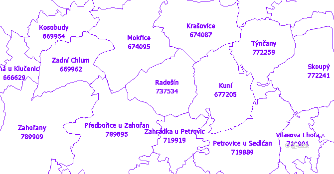 Katastrální mapa Radešín - přehledová mapa katastrálního území