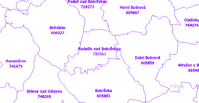 Katastrální mapa Radešín nad Bobrůvkou - přehledová mapa katastrálního území